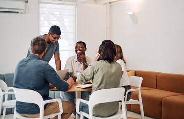 Wall Mural - Startup, meeting and business people in office for teamwork, planning and brainstorming ideas for project. Creative agency, coworking and men and women for research, discussion and communication