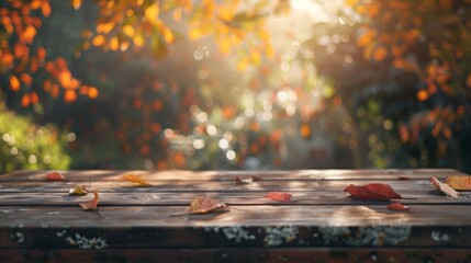 Wall Mural - A wooden table sits in a forest, surrounded by autumn leaves and sunlight.