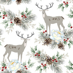 Wall Mural - christmas seamless pattern, deer animals, red holly berries, pine twigs, cones, rose flowers, white 