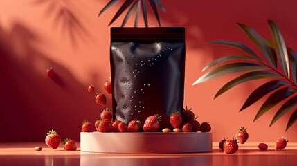 Wall Mural - A black bag with a white label sits on a table with a bunch of strawberries