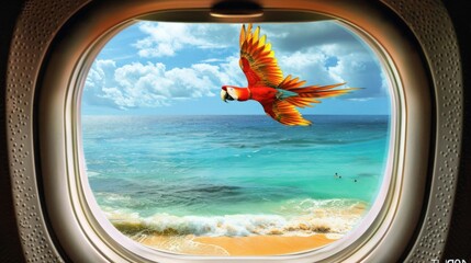 Wall Mural - a red macaw flying along a beach in Salvador seen from the window of an airplane