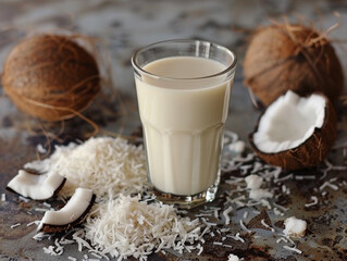 Wall Mural - Glass of Fresh Coconut Milk With Coconut Pieces and Shreds