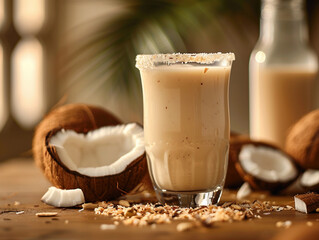 Sticker - Creamy Coconut Drink With Sugar Rim in Glass on Wooden Table