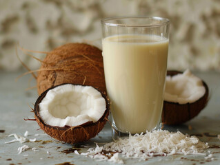 Canvas Print - Fresh Coconut Milk in a Glass With Whole and Open Coconuts