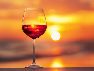 Poster - A Glass of Red Wine at Sunset Over the Ocean