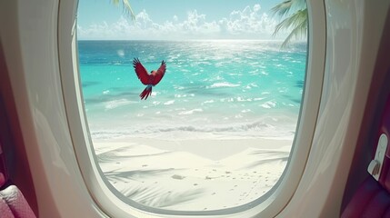 Wall Mural - a red macaw flying along a beach in Salvador seen from the window of an airplane