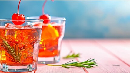 Wall Mural - A colorful cocktail with ice and a cherry on top, on a pastel pink table in front of a blue wall