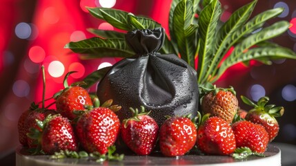 Canvas Print - A bunch of strawberries are on a table with a black bag