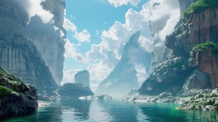 Wall Mural - Beautifully rendered futuristic landscape with cliffs and water, capturing an ethereal and imaginative scene