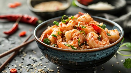 Delicious, fresh Poke with shrimps, beautiful serving, exquisite decor, light interior, staged professional photography, food photography 