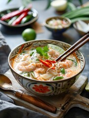 Wall Mural - Delicious, fresh Tom Kha, beautiful serving, exquisite decor, light interior, staged professional photography, food photography