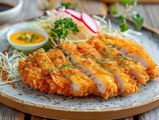 Wall Mural - Delicious, fresh Tonkatsu, beautiful serving, exquisite decor, light interior, staged professional photography