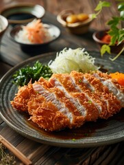 Wall Mural - Delicious, fresh Tonkatsu, beautiful serving, exquisite decor, light interior, staged professional photography