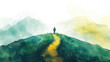 © sommersby - A solitary individual walks along a winding path that leads towards the summit of a pair of majestic, misty mountains