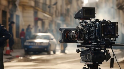 Wall Mural - A professional film camera sits on a tripod, pointed at a blurred background of people and a car on a city street.