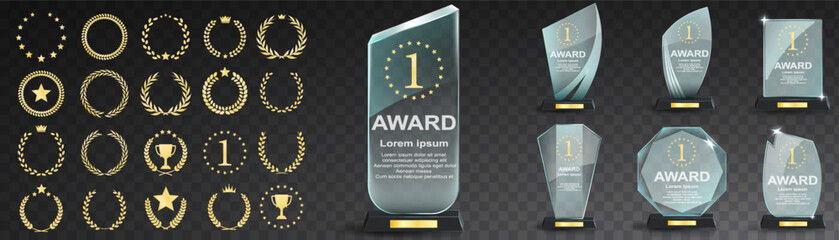 Wall Mural - Glass award trophy set. Transparent prize template. Winner first place concept. Vector illustration. Winner glass trophy. First place award, crystal prize and signed acrylic trophies. Glass awarding