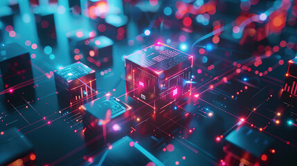 Technology background. Abstract and futuristic depiction of a digital technology network connection in a big. Abstract digital background with glowing network connections and blocks. AI
