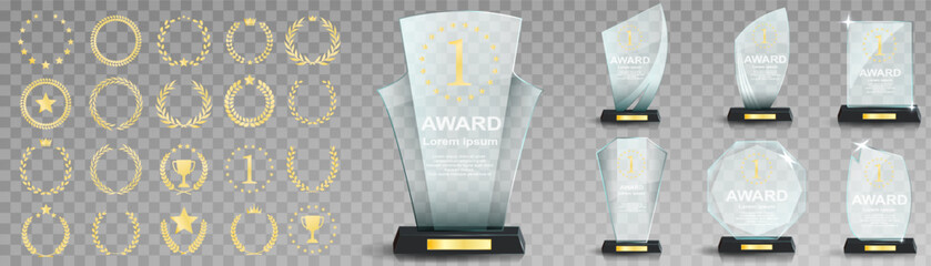 Wall Mural - Glass award trophy set. Transparent prize template. Winner first place concept. Vector illustration. Winner glass trophy. First place award, crystal prize and signed acrylic trophies. Glass awarding