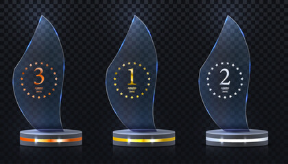 Wall Mural - Glass award trophy set. Transparent prize template. Winner first place concept. Vector illustration. Winner glass trophy. First place award, crystal prize and signed acrylic trophies. Glass awarding