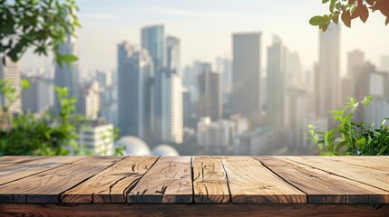 Poster - A wooden tabletop with a blurry cityscape in the background.