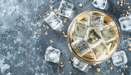 Wall Mural - Festive Alcoholic Cocktail Prosecco On The Rocks With Dry Sparkling Wine And Ice Cubes, Gray Stone Background, Top View