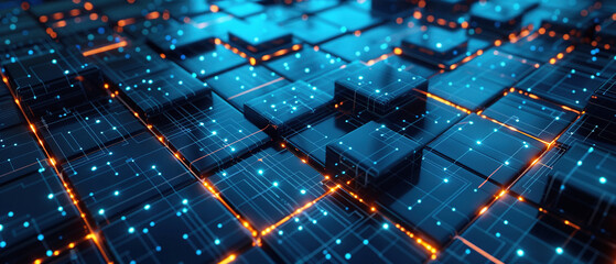 Technology background. Abstract and futuristic depiction of a digital technology network connection in a big. Abstract digital background with glowing network connections and blocks. AI