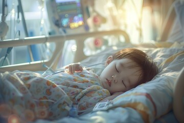 Sticker - A baby sleeping in the hospital bed, in an adorable and cute style, with high-definition photography and natural light. The room is filled with medical equipment such as monitors and drips, creating a