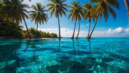 Wall Mural - An beautiful and calming beach image is what I'm looking for. I would like the image to showcase a wide view of the beach, with clean sand and clear ocean water.