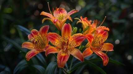 Wall Mural - Exotic Beauty Unveiled: Stunning Flame Lilies in Vibrant Hues with Intricate Details and Lush Backgrounds