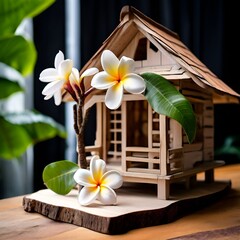 Canvas Print - blossom-frangipani-on-the-wood-model-house 