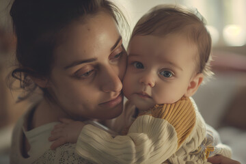 mother holding her baby with love and tenderness in a warm indoor close-up