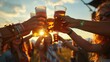 © Екатерина Чумаченко - A group of friends toasting with beer at an outdoor music festival, enjoying the sunset and having fun together They're wearing casual like t-shirts or dresses, holding plastic cups Generative AI
