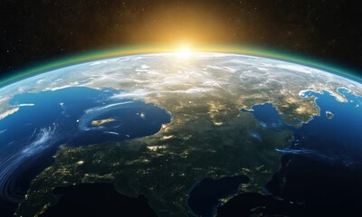 Wall Mural - 4k beautiful sunrise world skyline. planet earth from space. planet earth rotating animation. 4k vid