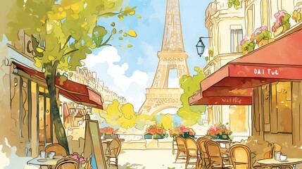 A charming Parisian with outdoor seating, surrounded by vintage buildings and the Eiffel Tower in the background, generated AI