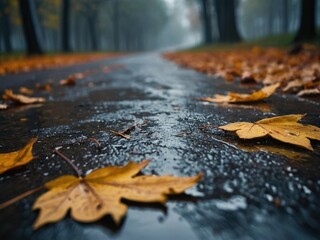 Wall Mural - Vibrant yellow, red and orange autumn leaves laying on the wet asphalt road under the rain. Fall photo illustration wallpaper. Rainy weather season photography.