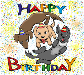 Canvas Print - Cute dogs and happy birthday greetings on a festive background.