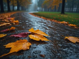 Wall Mural - Vibrant yellow, red and orange autumn leaves laying on the wet asphalt road under the rain. Fall photo illustration wallpaper. Rainy weather season photography.