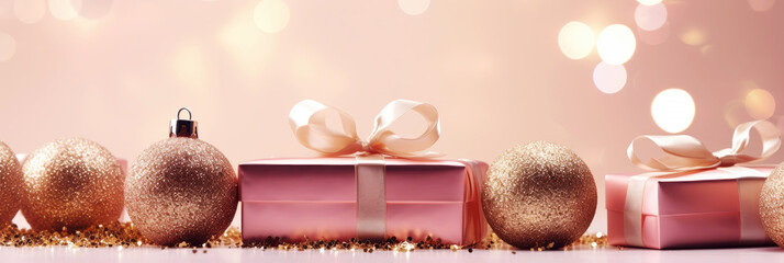 Wall Mural - Pink Christmas background with festive gift boxes and Christmas balls. Holiday pink Christmas and New Year banner backdrop with copy space.