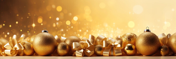Wall Mural - Golden Christmas background with festive gift boxes and Christmas balls. Holiday gold Christmas and New Year banner backdrop with copy space and shiny bokeh