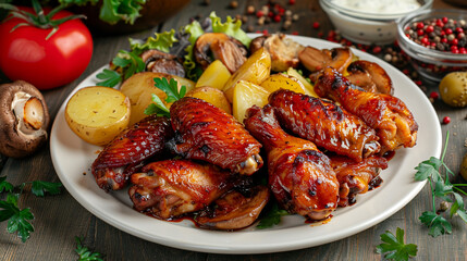 On a plate on the table are delicious fried chicken wings with vegetables and mushrooms.