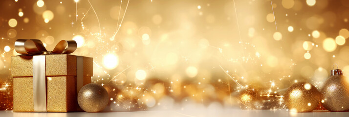 Wall Mural - Golden Christmas background with festive gift boxes and Christmas balls. Holiday gold Christmas and New Year banner backdrop with copy space and shiny bokeh