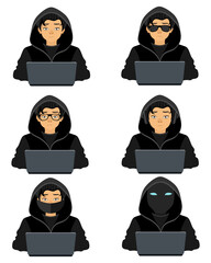 young hacker programmer it specialist coder sitting at a laptop in a sweater with a hood vector illustration