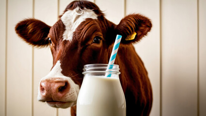 Cow standing near a bottle of milk with a blue straw in front of a white wall, perfect for advertising dairy products