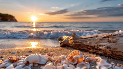 Sticker - A beautiful sunset view on the beach with golden sky, gentle waves, seashells, and driftwood, capturing the essence of coastal tranquility and natural beauty.