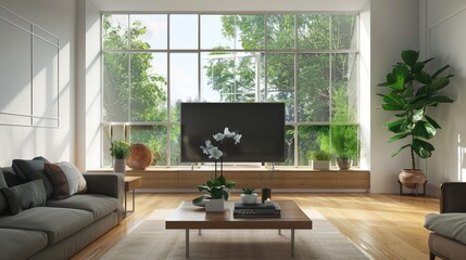 Wall Mural - Modern living room interior with couches, coffee table, TV, and decor by a bright window