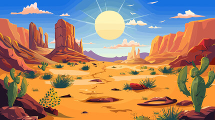 Wild west desert and canyon vector cartoon illustration