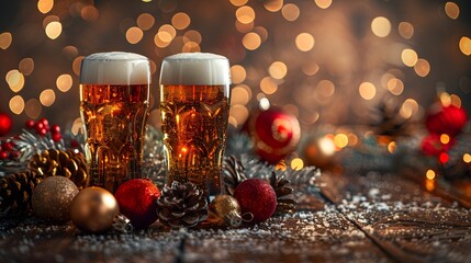 Two frosty beer glasses, golden lager, Christmas decorations, colorful baubles, pine cones, fairy lights, bokeh effect, festive atmosphere, warm glow.