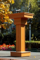 Sticker - Imagine a podium at a music festival, designed to accommodate both speeches and live performances. What features make this podium versatile for different types of presentations