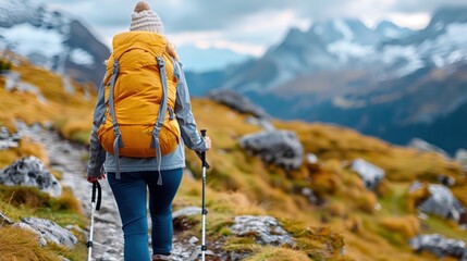 A solo hiker wearing a yellow backpack treks along a rugged mountain trail, capturing the spirit of adventure, exploration, and connection with nature amidst scenic peaks.