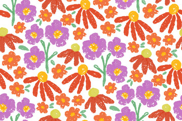 Flowers pattern seamless watercolour crayon texture hand drawn ditsy minimalist colourful red pink flowers illustration on white background border 300dpi. 